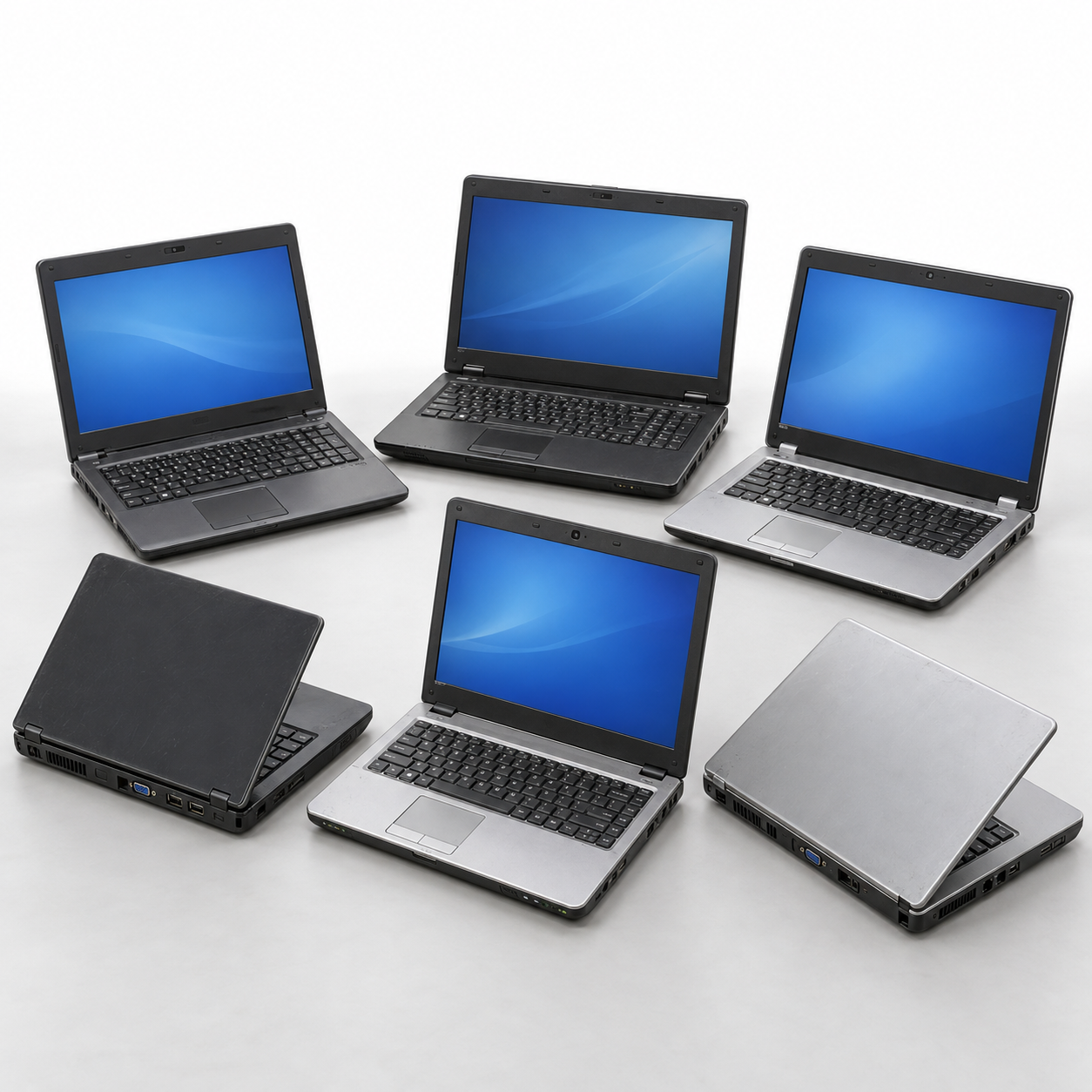 Illustrative group of six older pre-owned laptops; the listing price is for one mixed-stock laptop